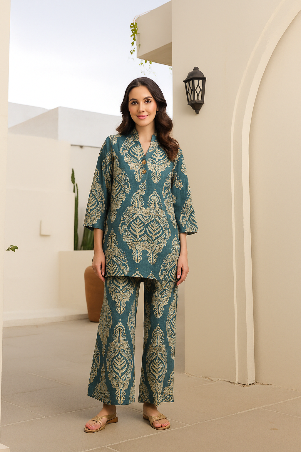 Green Leaf Print Tunic With Pants