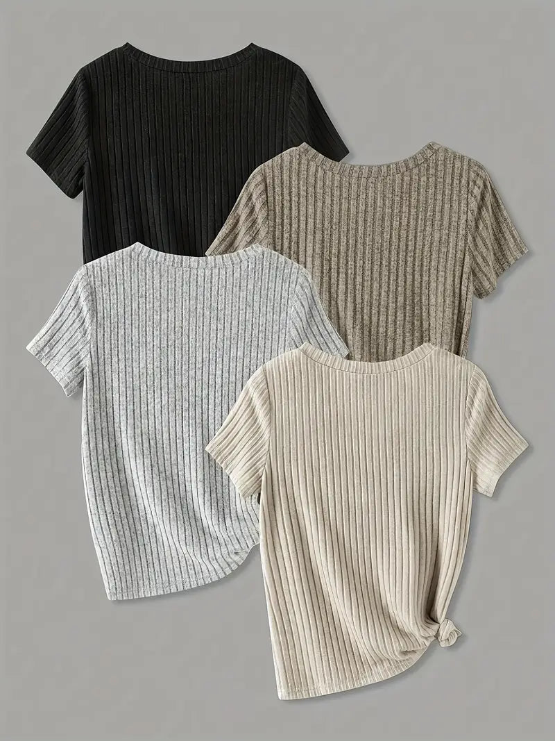 Women’s 4PCS V-Neck Solid Casual Tops