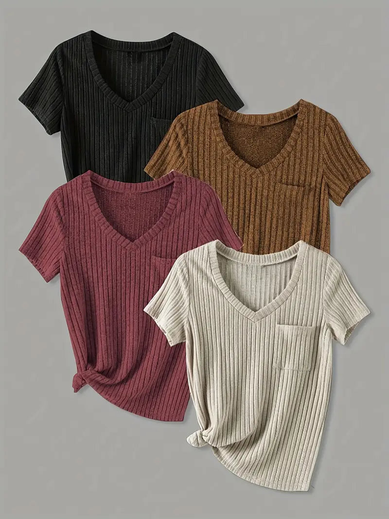Women’s 4PCS V-Neck Solid Casual Tops