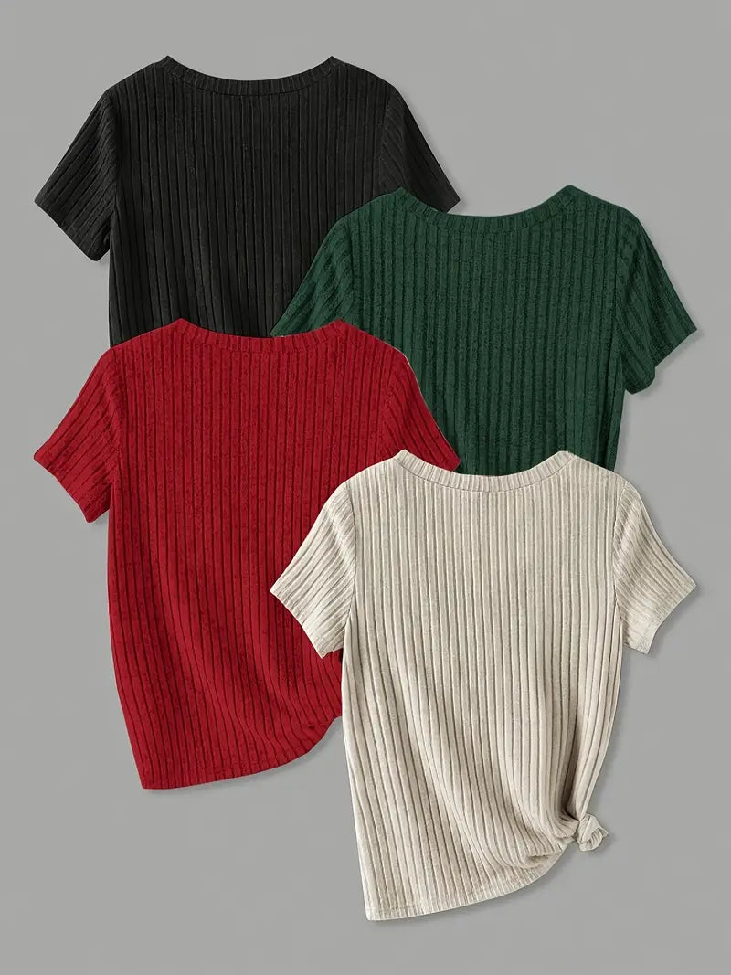Women’s 4PCS V-Neck Solid Casual Tops