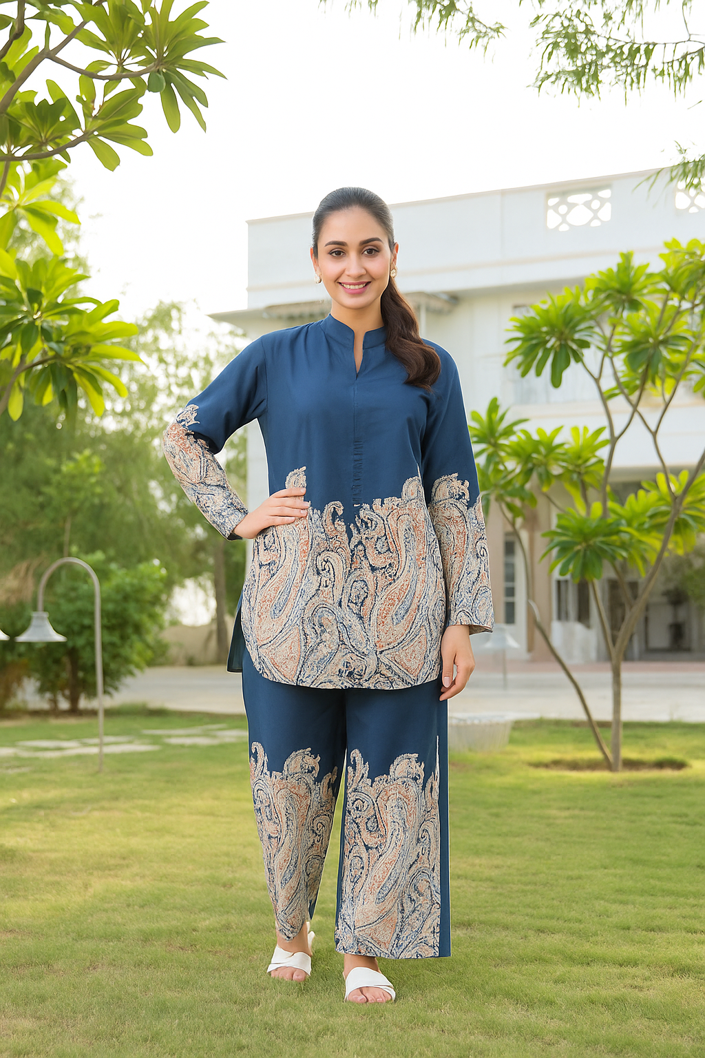 Green Leaf Print Tunic With Pants