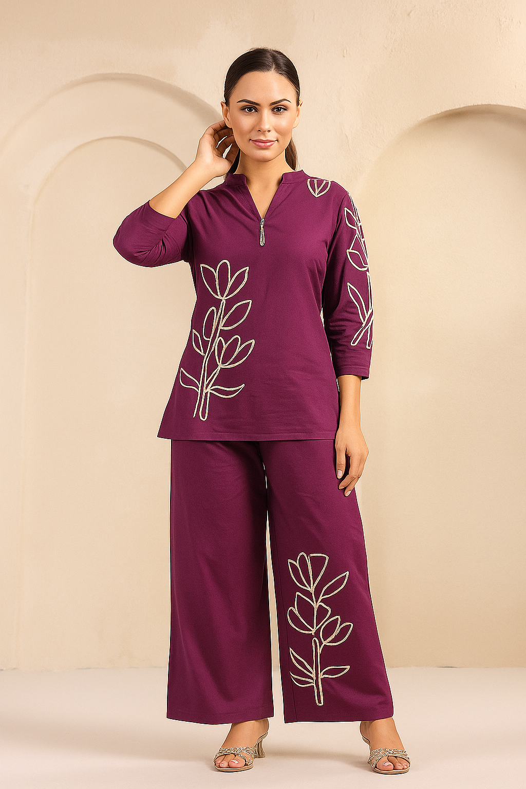 Green Leaf Print Tunic With Pants