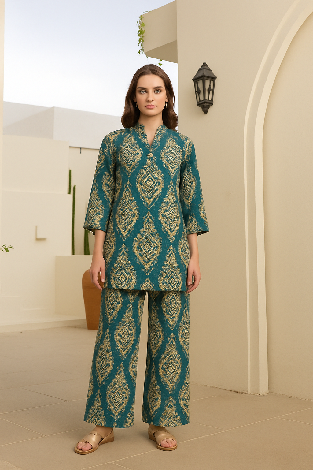 Green Leaf Print Tunic With Pants