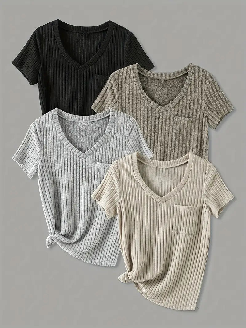 Women’s 4PCS V-Neck Solid Casual Tops