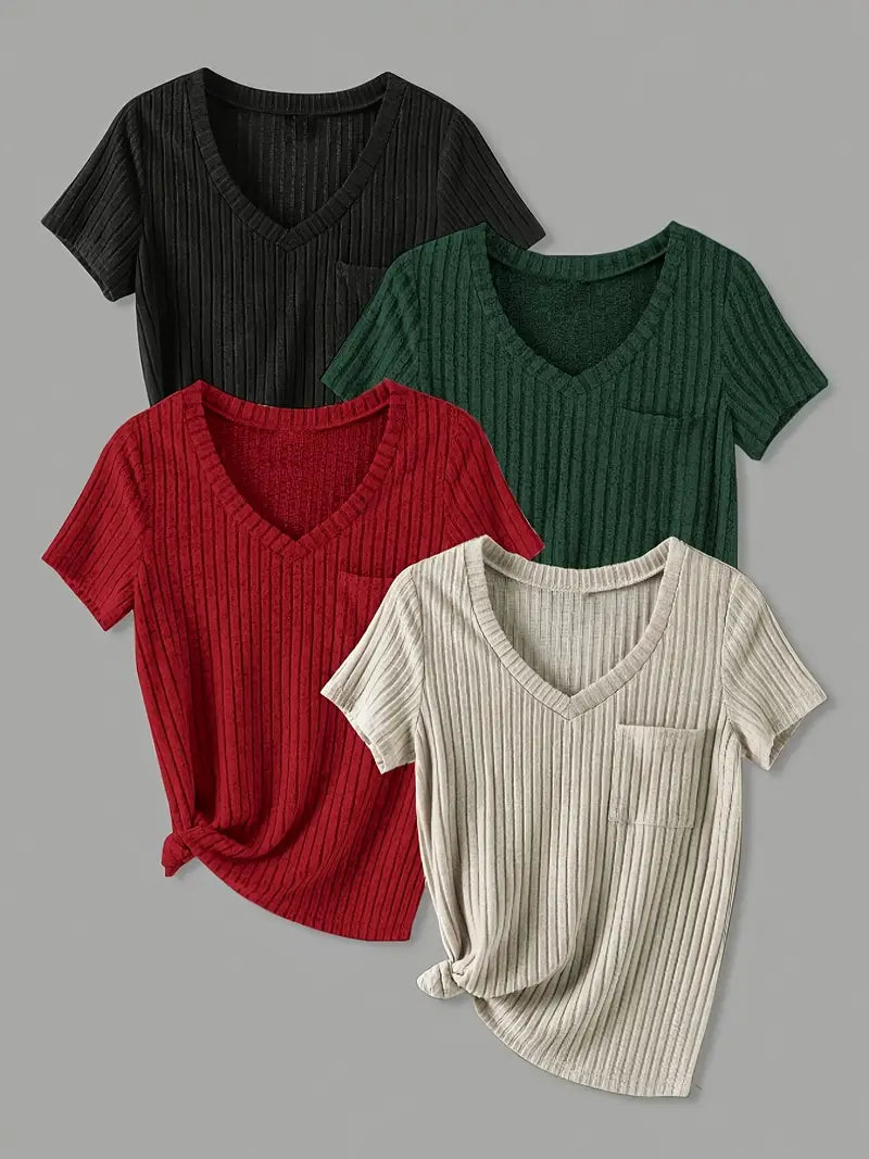 Women’s 4PCS V-Neck Solid Casual Tops